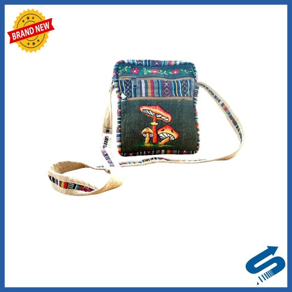 Handcrafted Hemp Crossbody Bag with Mushroom Embroidery Adjustable Strap
